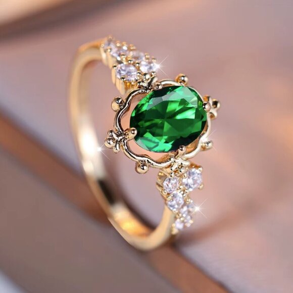 NEW 14k Yellow Gold Emerald Ring Band Oval Cut - Picture 2 of 4